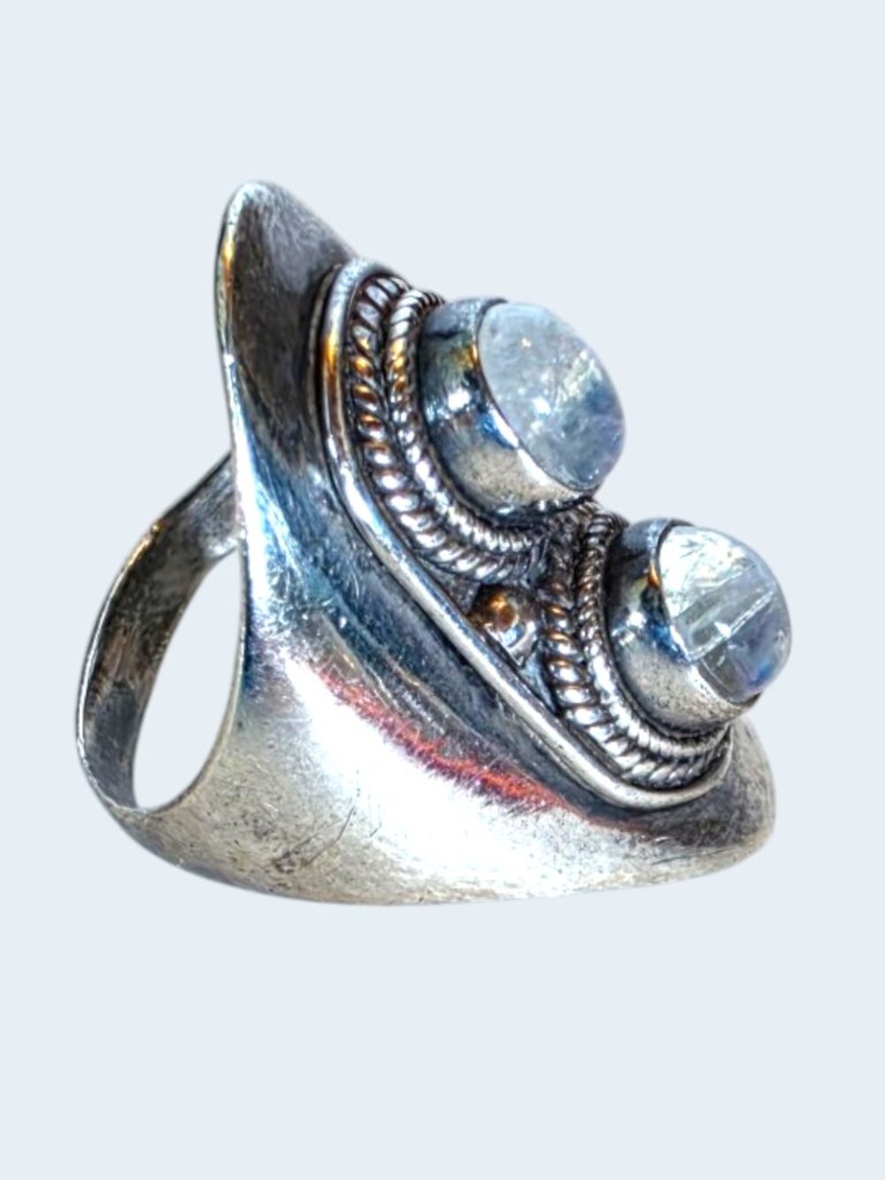 Vintage 1980s Thai Double Moonstone 925 Sterling Silver Statement Ring